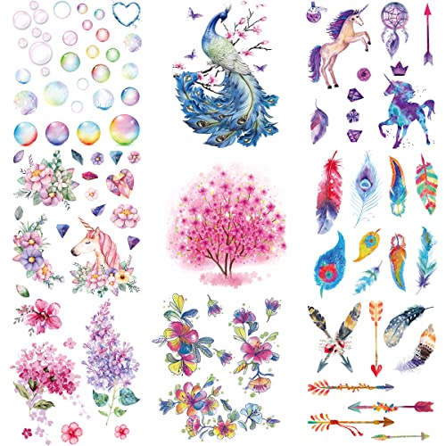 9 Sheets Waterproof Temporary Tattoo Stickers - Colorful Designs