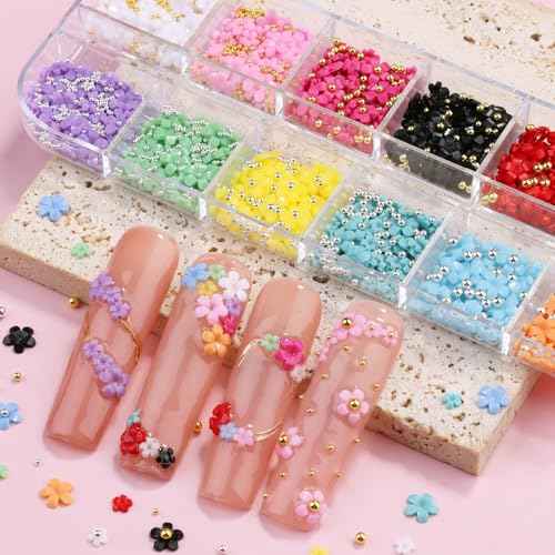 3D Colorful Flower Nail Art Charms, White Pink Acrylic Cherry Blossom Spring Petal Metal Gold Silver Round Caviar Beads Studs Pearl Rhinestones for Manicure Craft DIY (7-K3-solid)