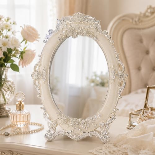Nerien Vintage Tabletop Makeup Mirror with Stand - Oval Rose Embossed 5x7"