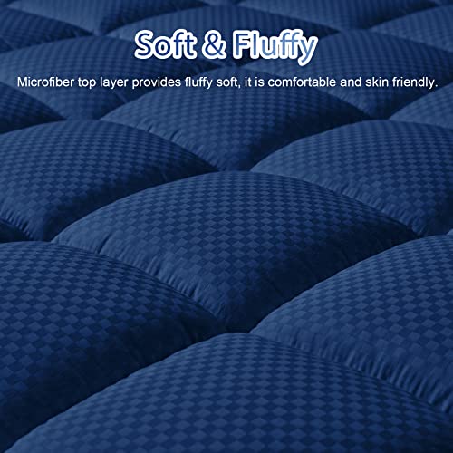 MATBEBY Bedding Quilted Fitted Twin Mattress Pad Cooling Breathable Fluffy Soft Mattress Pad Stretches up to 21 Inch Deep, Twin Size, Navy Blue, Mattress Topper Mattress Protector