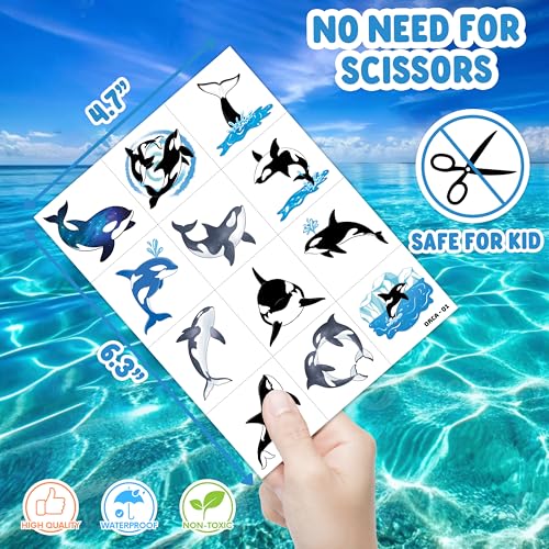 96 PCS Orca Temporary Tattoos for Kids | Pre-Cut Sea Animal Party Favors
