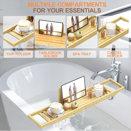 Bamboo Bathtub Caddy Tray - 29" Bath Tray with Slip-Resistant Grips