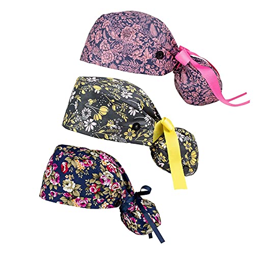 Scrub Caps Women with Buttons Nurse Hat Scrub Cap Ponytail Nursing Hats Long Hair Working Cap with Buttons and Ribbon Tie Halloween Chemo Hats Cancer Headwear Head Scarfs