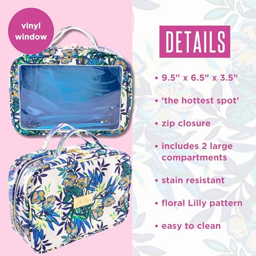 Lilly Pulitzer Cosmetic Case with Two Zippered Pockets, Vinyl Window, and Handles, Easy to Clean Travel Toiletry Bag, Travel Makeup Bag with Gold Details, The Hottest Spot
