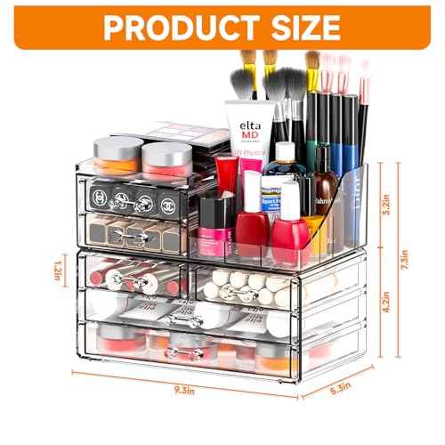 Cq acrylic Make Up Organizers for Vanity With 6 Drawers, 2 Pack Clear Drawer Organizers,Plastic Cute Desk Accessories Organization and Bathroom Organizers Storage Case Box Cube for Beauty,Skin Care