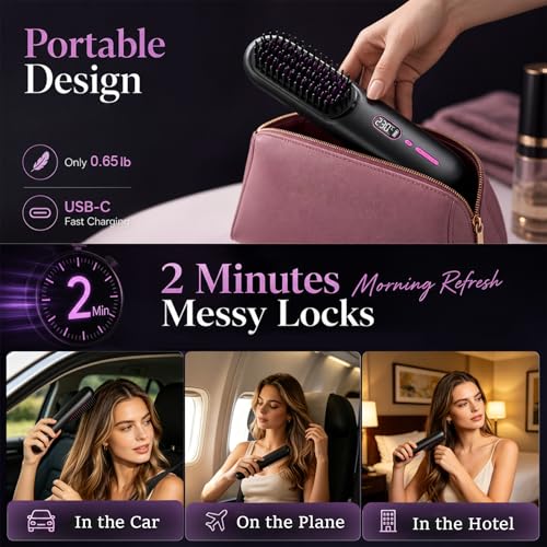 Go Brush Pro Cordless Hair Straightener Brush - 9600mAh, 12 Heat Settings