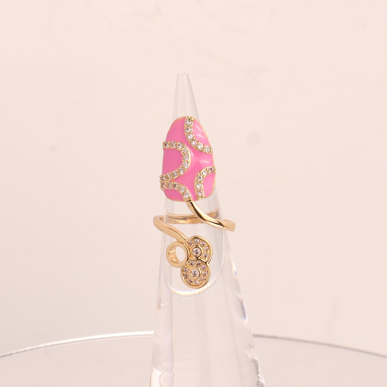 Jean Beau Pink Finger Nail Ring for Women Teen Art Round Rhinestones CZ Finger Cap Cover Tip Rings Gold Metal Nail Decoration Nail Protect Fashion Jewelry Gift