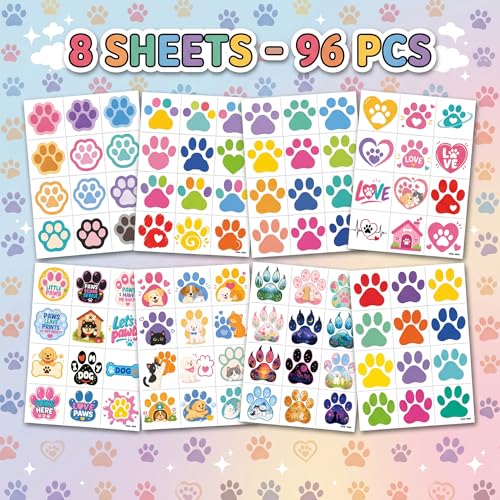 96 Pcs Dog Cat Paw Print Temporary Tattoos for Kids