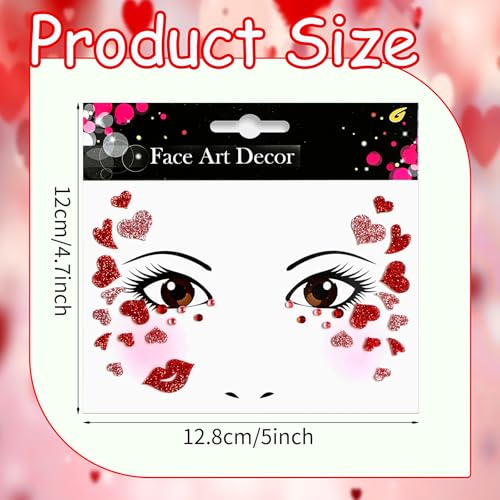 Valentine's Day Face Gems Face Jewels Stickers Red Love Heart Lip Self Adhesive Eye Body Face Nail Hair Crystal Rhinestones for Makeup Festival Glitter Face Art Decor 2Sheets (style1)
