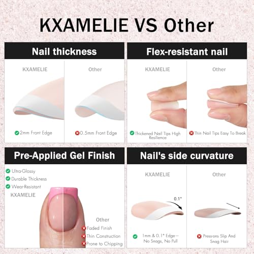 KXAMELIE Black Square French Tip Press On Nails Short with Glue - Natural Fit, Elegant Fake Nails Kit