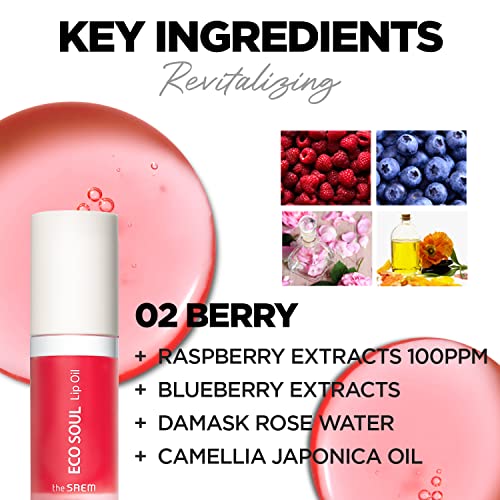 THESAEM Eco Soul Lip Oil 02 Berry - Plumping & Hydrating Lip Oil to Nourish & Moisturize Lips ? Berry Extract & Rose Water - Lips Soft & Glossy for Dry Lips, 0.21 fl.oz.