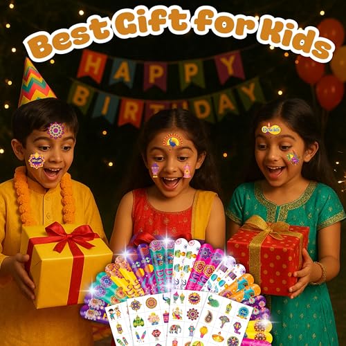 72PCS Diwali Party Set - 48PCS Temporary Tattoos & 24PCS Slap Bracelets - Festival Happy Indian -Themed Birthday Supplies, Baby Shower Gifts, Classroom Rewards & Party Decor for Kids