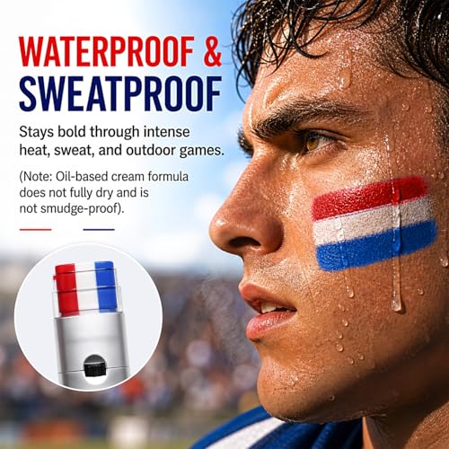 3-in-1 Red White Blue Face Paint Stick, Waterproof Sports Makeup