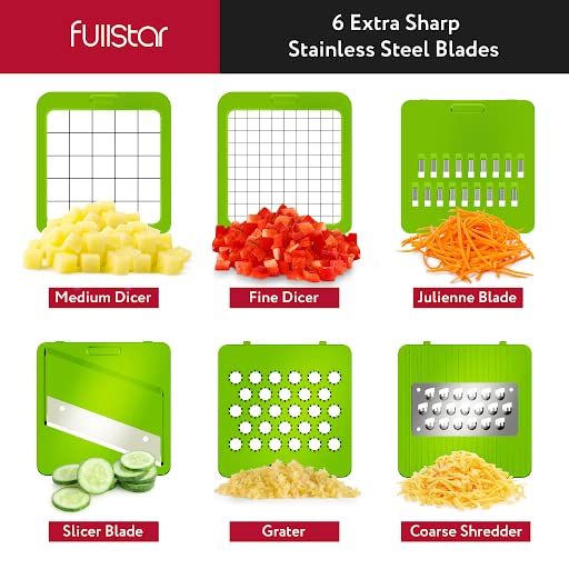 Fullstar Vegetable Chopper, Cheese Slicer, Food Chopper, Veggie Chopper, Onion Chopper, Vegetable Chopper with Container, Mandoline Slicer & Cheese Grater (6 in 1 - Gray/Green)