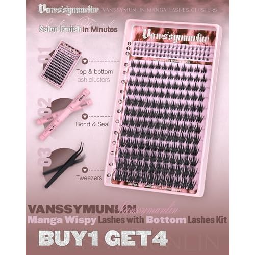 Manga Lash Clusters Kit Thick Eyelash Clusters Kit with Spikes Anime Cluster Eyelash Extensions with Bottom Lashes DIY Volume Individual Lashes Wispy False Eyelashes Kit by Vanssymunlin 10-18mm 204pcs