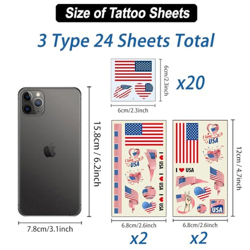 24 Sheet American Flag Temporary Tattoos USA Patriotic Stickers
