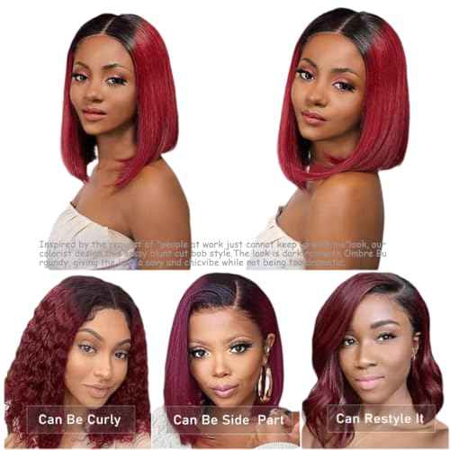 Burgundy Bob Wig Human Hair Closure Wigs Human Hair Wear and Go Glueless Wig 14 Inch HD Lace Closure Short Wig Human Hair 180% Density 18A Grade Triple Lifespan than Regular Virgin Hair Colored #1B99J