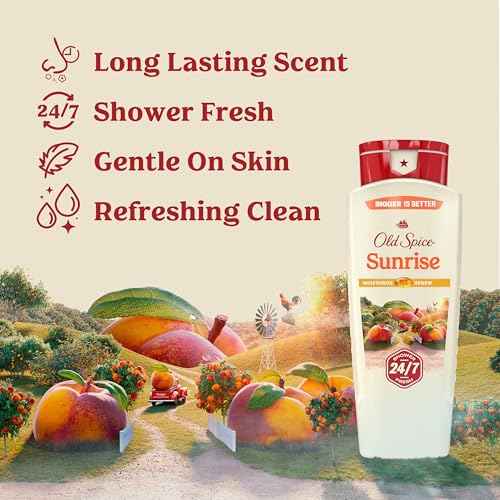 Old Spice Cleansing Body Wash for Men, 24/7 Shower Fresh with Lasting Scent, Moisturize & Renew, Gentle on Skin, Vitamin B3, Sunrise with Peach + Mandarin Peel Scent, 18 oz