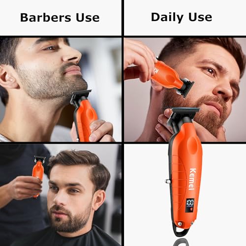 KEMEI 2293 Zero Gapped Hair Trimmer for Men, Cordless T Blade Beard Trimmer with LED Display, Professional Barber Hair Clippers, Orange