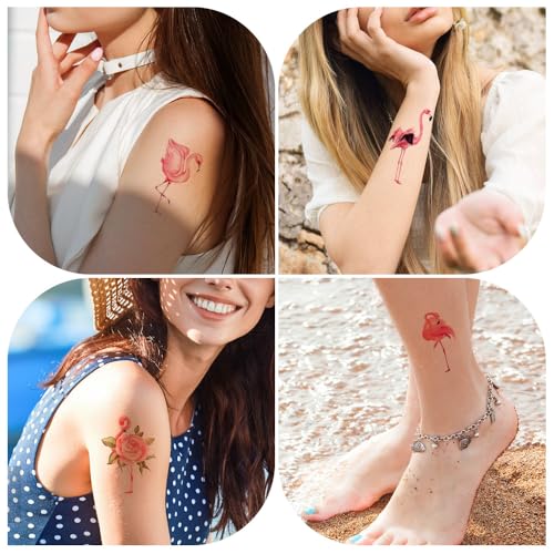 Pink Flamingo Temporary Tattoos - 12 Sheets Watercolor Design