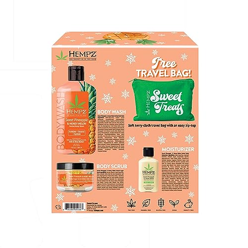 Hempz Sweet Escape Sweet Pineapple & Honey Melon Moisturizing Body Wash (17 Oz), Body Scrub (7.3 Oz), & Moisturizer (1.25 Oz) – Festive Holiday Gift Set with Travel Bag for Women or Men with Dry Skin