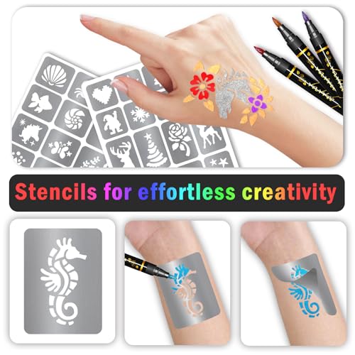 Temporary Tattoo Markers with 155 Stencil Designs, 12 Metallic Colors