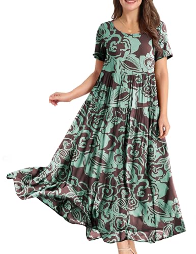 YESNO Women Casual Loose Bohemian Floral Dress with Pockets Short Sleeve Long Maxi Summer Beach Swing Dress S EJF CR430