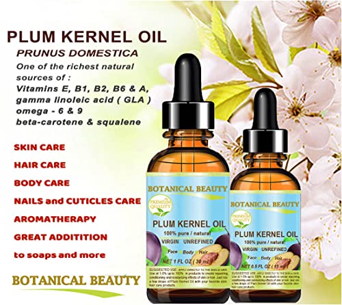 Botanical Beauty French PLUM KERNEL OIL 100% Pure Natural Virgin Unrefined Cold Pressed Carrier Oil 0.33 oz- 10 ml for Face, Skin, Hair, Lips, Nails. Skin SuperFood. Face moisturizer Oil