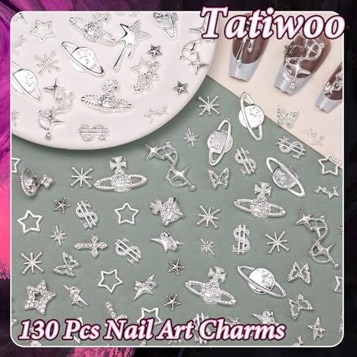 130 Pcs Silver Star and Cross Nail Charms for Acrylic Nails, Y2K Nail Art Supplies