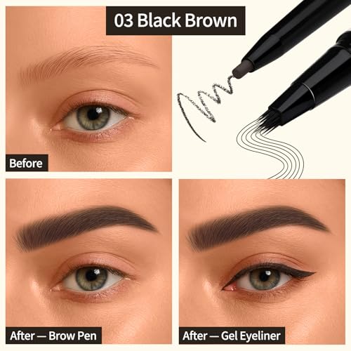 UCANBE 2-in-1 Eyebrow Pen & Gel Eyeliner Pencil ? Microblading Eye Brow Pencil with Brow-Fection Angled Brush Tip + 1.5mm Ultra-Fine Eye Liner, Waterproof, Quick-Dry, Long Lasting (Black Brown)