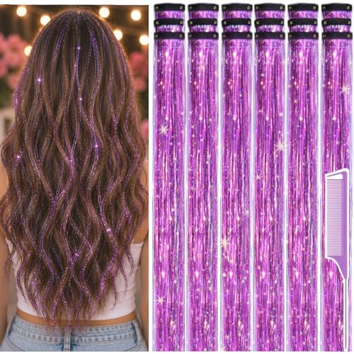 Uikreo Purple Hair Tinsel Clips Pack of 18 - Instant Sparkle Hair Accessories