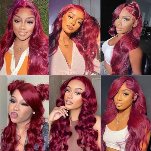28" 99J Burgundy Lace Front Wig - 180% Density Human Hair