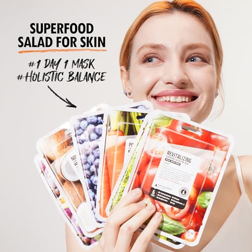 FARMSKIN Superfood Salad Sheet Face Mask Set Long Lasting 48HR Hydration | Revitalizing, Moisturizing, Soothing, Purifying Face Mask Sheets w/Nourishing Real Fresh Fruit Extracts, Proudly 100% Vegan