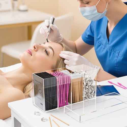 Lash Extension Organizer with Lid, Acrylic Lash Organizer for Lash Techs, Lashes Supplies Container for Vanity with Anti-Slip Pads, Clear Storage Box for Eyelash Tools Makeup Brush Hair Accessories