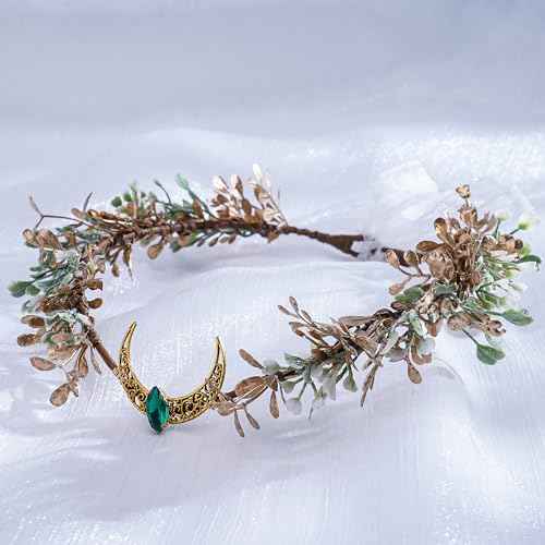 MOSTORY Gold Flower Moon Headpiece - Handmade Fairy Floral Crown Woodland Elf Headband Forest Circlet for Princess Renaissance Fair Halloween Party Wedding Cosplay