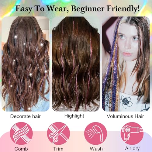 Hair Tinsel Extensions - 8 Packs, 1600 Strands, 50 Inch Black