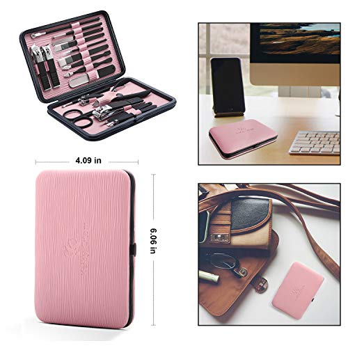 Keiby Citom 18-Piece Manicure Pedicure Set - Stainless Steel Grooming Kit with Pink Case