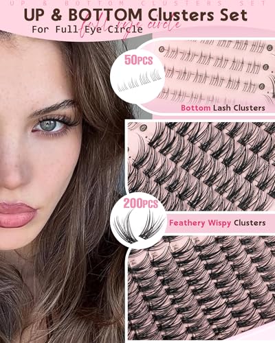 Goddvenus V-natural Clusters Eyelash Extension Kit with Bottom Lashes, 250Pcs Wispy C Curl DIY Fake Lashes