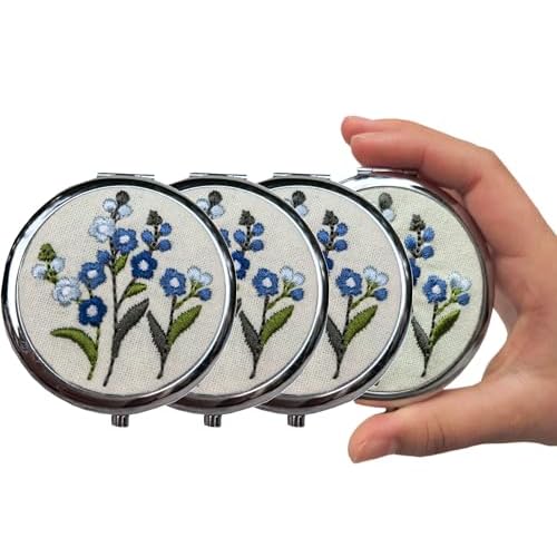 Leimandy 4-Pack Embroidered Compact Mirrors - Double-Sided 1x/2x Magnifying Bridesmaid Pocket Mirror Foldable Makeup Mirror for Wedding Shower | Birthday | Graduation Gifts L2 (Blue ForgetMeNot)