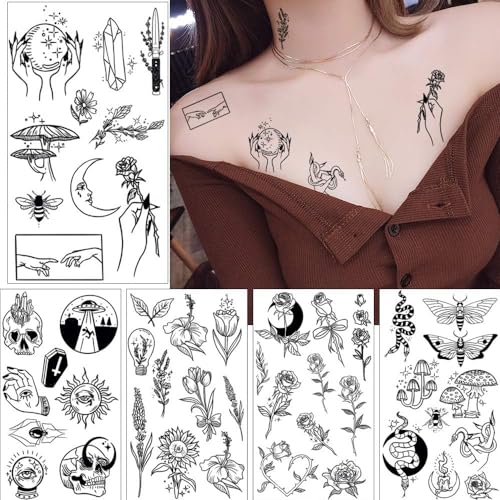 GLARYYEARS 150+ Pattern Black Tiny Temporary Tattoo, Hands Face Halloween Tattoo Sticker for Men Women, Flower Space Moon Snake Designs Body Art on Arm Neck Shoulder Clavicle Waterproof