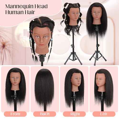 Mannequin Head Human Hair with Ttipod Stand, 100% Real Human Hair Mannequin Head for Braiding, Cosmetology Hair Mannequin Head for Hair Styling with Adjustable Stand Tripod
