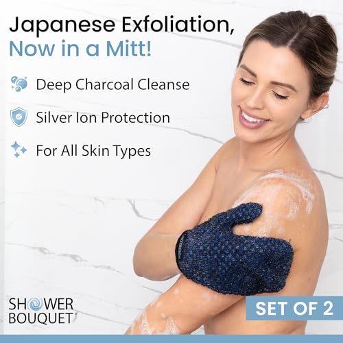 Shower Bouquet Exfoliating Mitt 2-Pack - Charcoal & Silver Ion