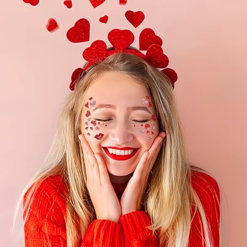 Valentine's Day Face Gems Face Jewels Stickers Red Love Heart Lip Self Adhesive Eye Body Face Nail Hair Crystal Rhinestones for Makeup Festival Glitter Face Art Decor 2Sheets (style1)
