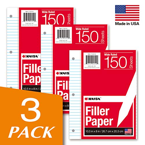 KAISA Filler Paper Loose Leaf Paper, Wide Ruled Paper, 8"x10-1/2", 3-Hole Punched Binder Paper For 3-Ring Binders,150 Sheets/pack 3Pack, F15001W