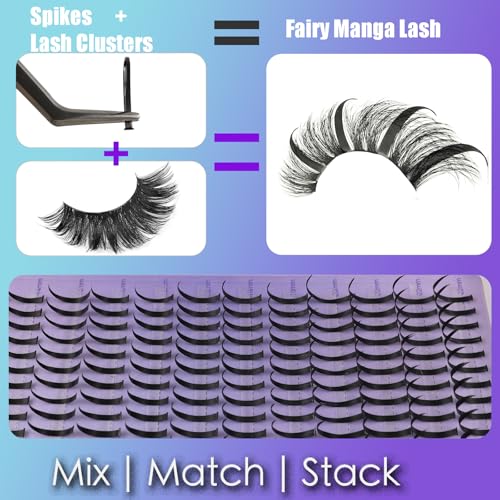 DAODER Spiky Lash Clusters Fairy Individual Lashes 14-22MM Manga Anime Cluster Eyelash Extensions Wet-Look Hybrid Lash Extensions D Curl Spikes Eyelash Clusters DIY At Home 280pcs