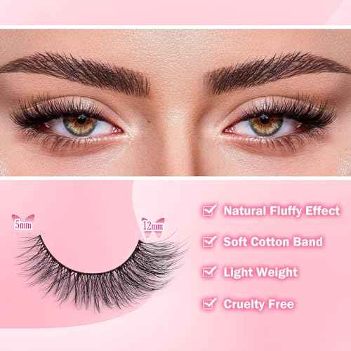 Natural Lashes Kit with Lash Glue 3D False Eyelashes Wispy 12mm Short Cat-Eye Lashes with 5ML Clear Eyelash Glue 9 Pairs Fake Eyelashes with Glue by TOOCHUNAG