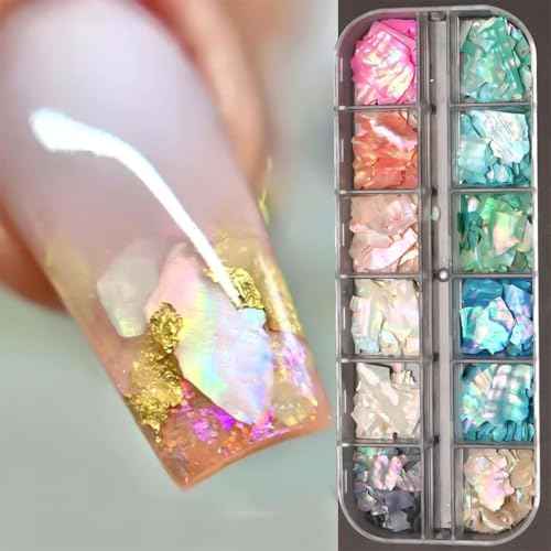 Aurora Shell Nail Glitter Flakes,Holographic Irregular Abalone Slices Sea Shell Sequins Nail Charms,Spring Summer DIY Manicure Paillette Accessories for Nail Art Decoration 3D Sparkly Nail Art Tips