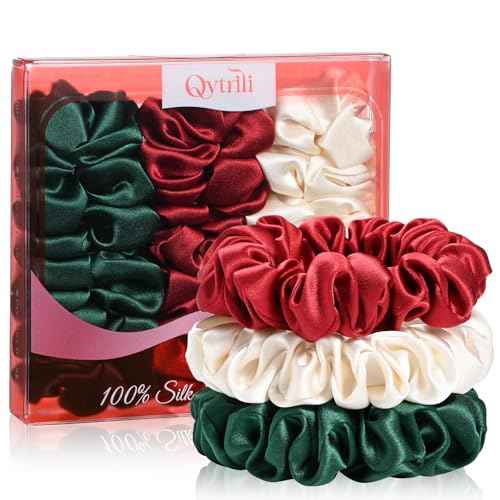 Silk Hair Ties 6A 100% Mulberry Silk Scrunchies 22 Momme Small Sleep Ties and No Damage No Crease for Women Girls Curly Thick Thin Hair, Christmas gift (Red & Dark green & Beige)