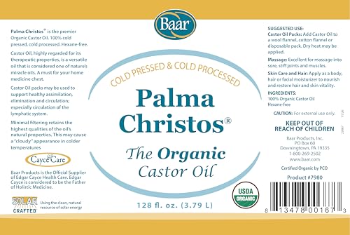 Baar Organic Castor Oil - Gallon - Palma Christos® Brand - Hexane FREE! Cold Pressed! Many castor oil uses! Castor oil for Hair, Eyelashes, Eyebrows, Skin, Eliminations. A Healing Oil! Guaranteed