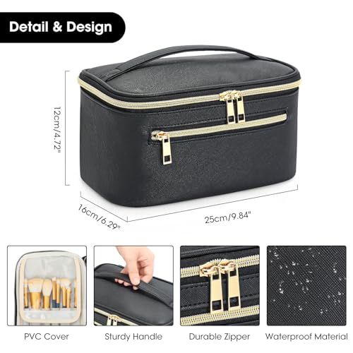 Travel Makeup Bag Organizer, Large Capacity Cosmetic Pouch for Women, Waterproof Make Up with Divider, Clamshell Makeup Case Make Up Bag with Handle and Metal Zipper, Travel Essentials Black